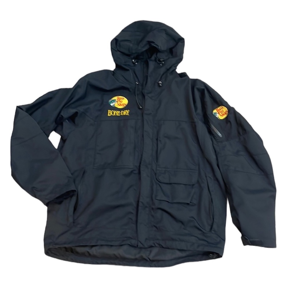 Bass Pro Shops Black Hooded Outdoor Jacket with Logo Patches